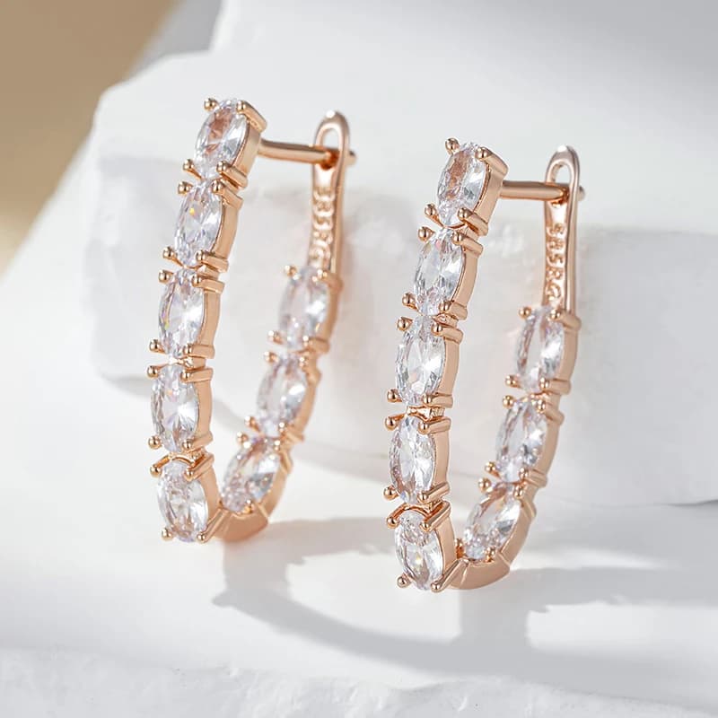 Orecchini Pendenti Lunghi in Pietra Nera per Donna, Oro Rosa 585, Completamente Incastonati con Zirconi, Gioielli di Lusso alla Moda, Idea Regalo