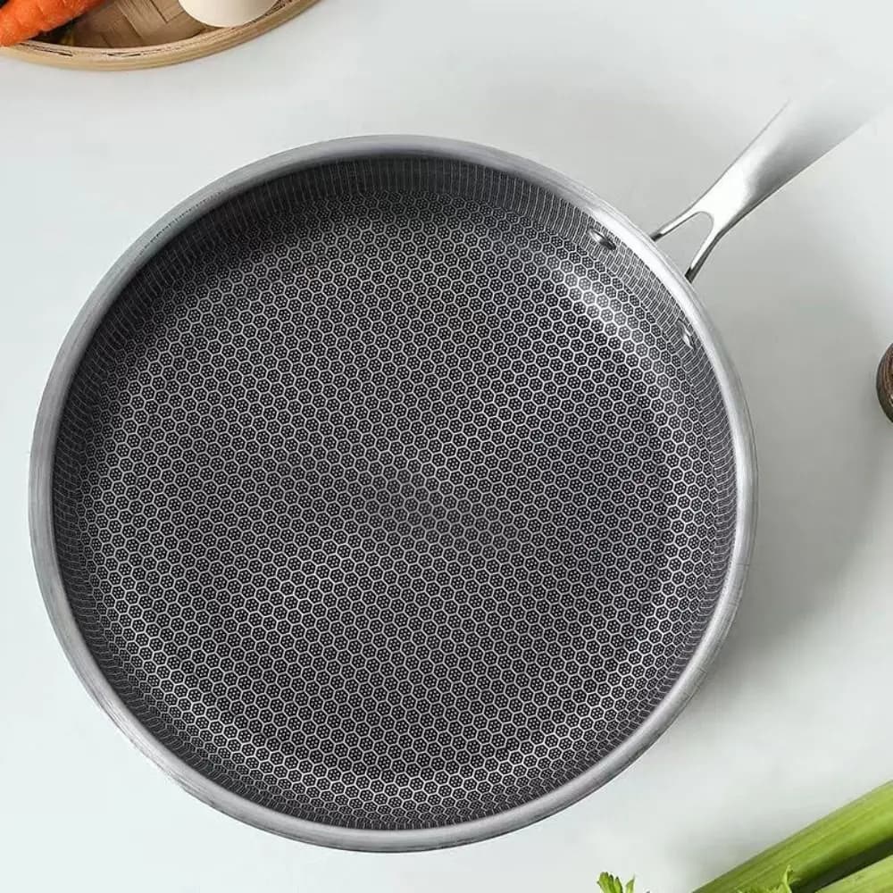 Padella in Acciaio Inox 26/28/30cm, Superficie Durevole Non Rivestita, Wok Antiaderente Multifunzionale con Base Rinforzata
