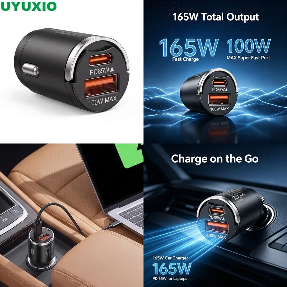 165W Low Profile Car Charger Ultra Compact Flush Mount Design PD 65W USB C and 100W USB A Charging for Multiple Mobile Devices