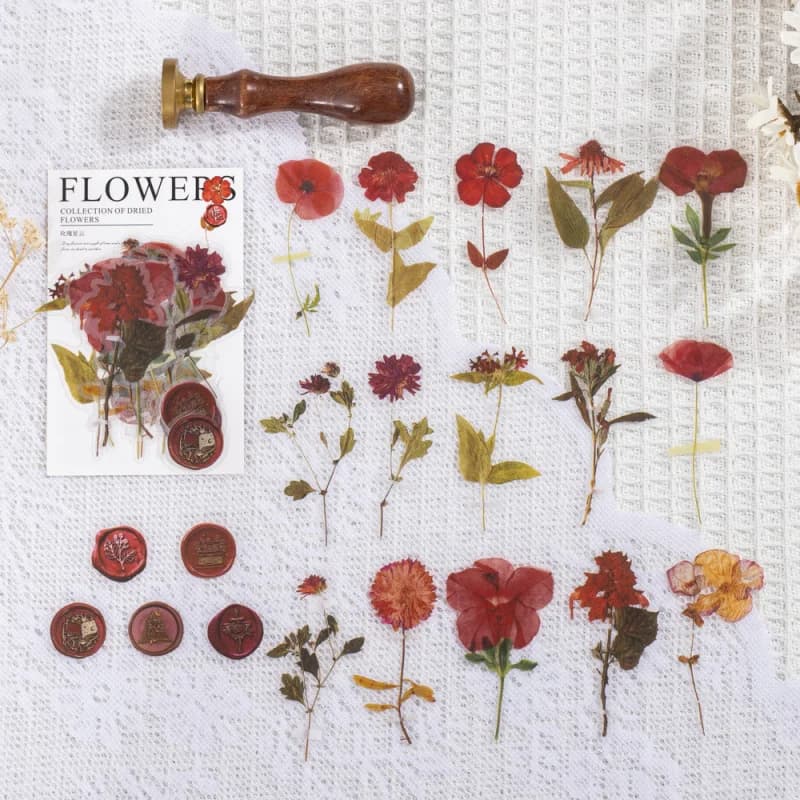 1pack/40pcs PET Wax Seal Sticker Pack Dried Flower Decals for DIY Handmade Album Scrapbooking Decorative Paper Supplies