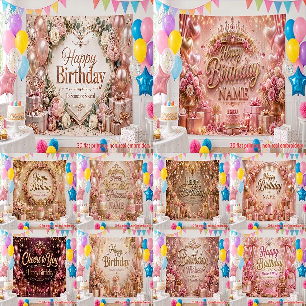 1pc Happy Birthday Party Backdrop Tapestry, Customizable Floral Rose Gold Birthday Wall Hanging for Birthday Decorations