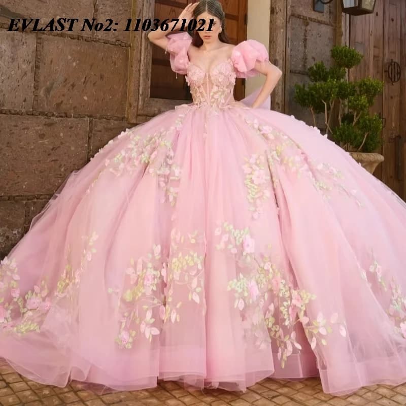 EVLAST Personalizzato Glitter Rosa Abito Quinceanera Abito di Sfera 3D Applique Floreale Fiocco di Perline Dolce 16 Abiti Da 15 Anos E2QA14