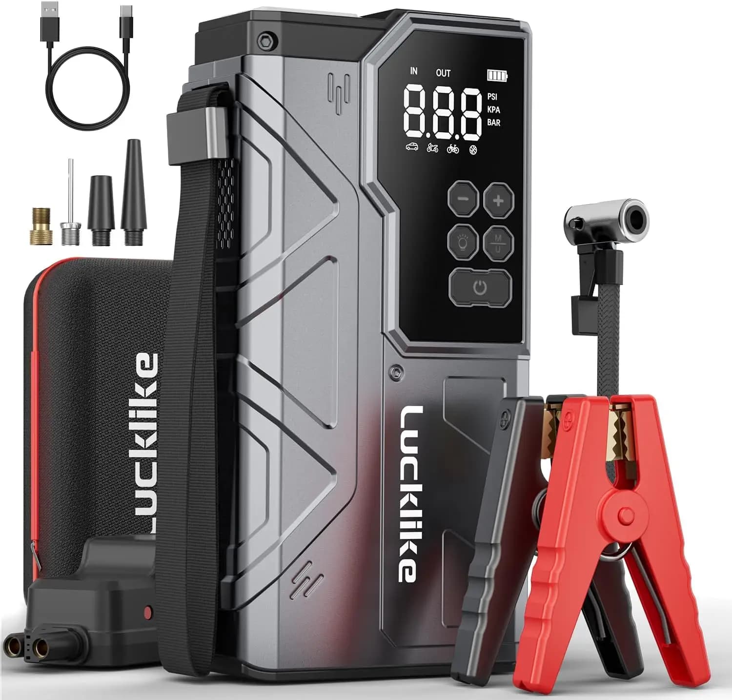Avviatore d'Emergenza Portatile 6000A con Compressore d'Aria 150 PSI, Power Bank 21800mAh e Luce LED per Tutti i Veicoli
