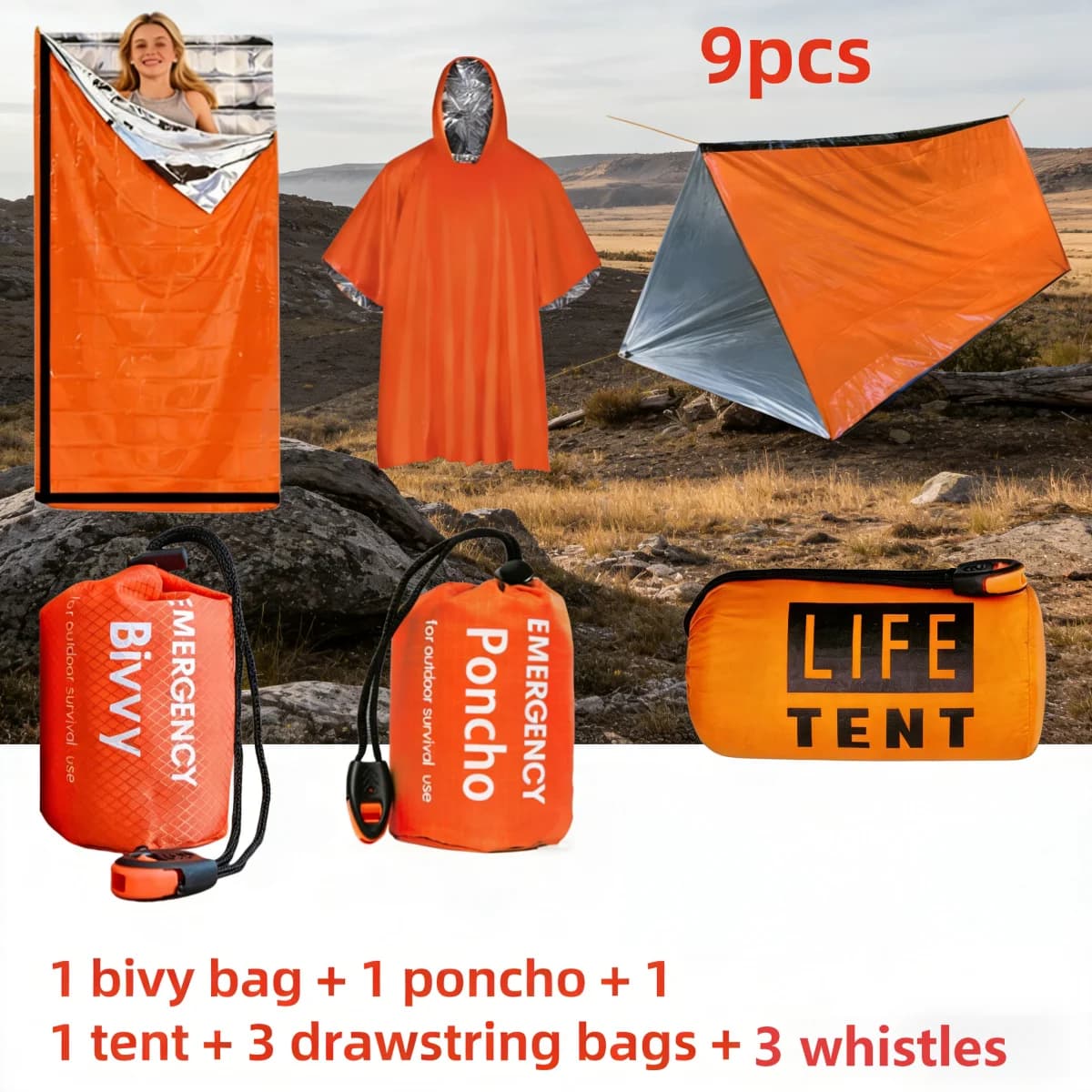 Kit di sopravvivenza d'emergenza da 9 pezzi, sacca termica, poncho, tenda, fischietti, attrezzatura da campeggio