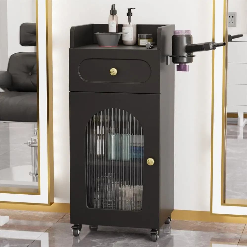 3-Tier Rolling Beauty Trolley with Wheels, Adjustable Shelves, Glass Door, and Hair Dryer Holder for Hair Stylists, Barbers, and