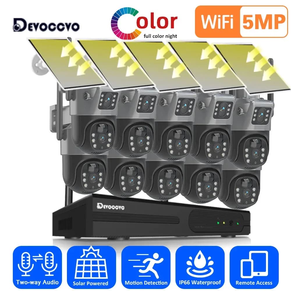 Sistema di telecamere CCTV solari Wifi a doppia lente 4K Kit NVR wireless 10CH 5MP Kit di videosorveglianza per telecamera di sicurezza IP PTZ audio bidirezionale