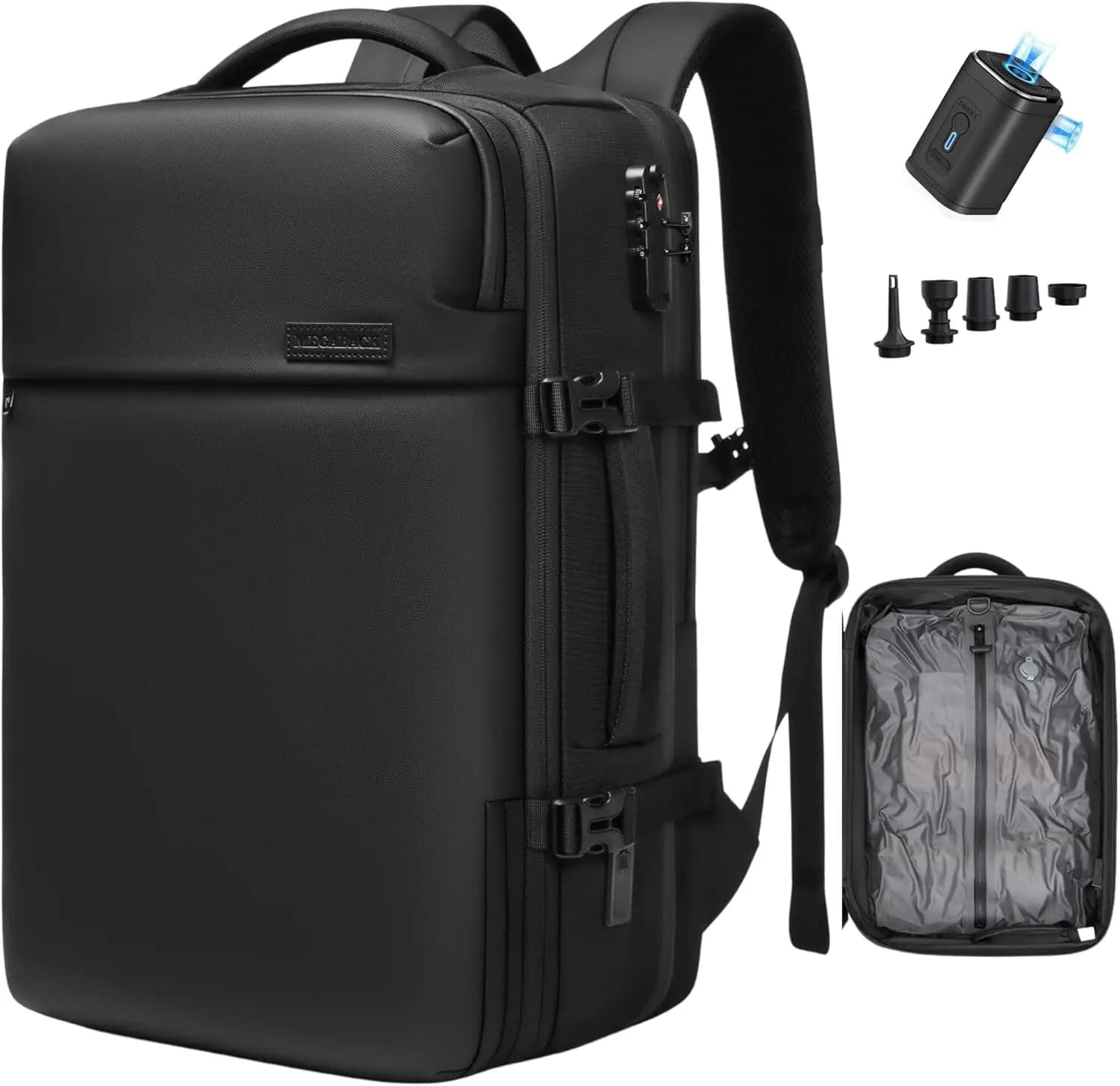 Expandable travel backpack for 70 litre vacuum cleaner with pump, TSA pad, USB port, waterproof