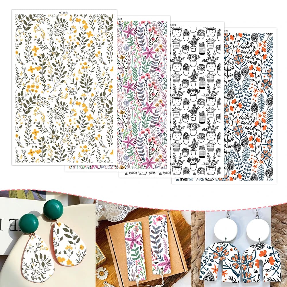 Botanical Foliage Potted Plant & Wildflower Water Transfer Decal Paper, Floral Water Slide Stickers for DIY Resin Earring