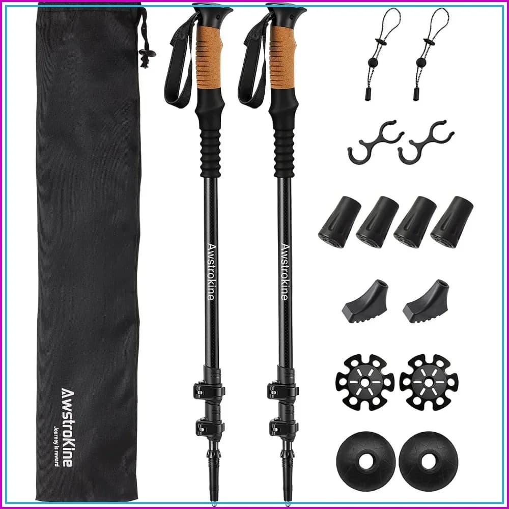 Carbon Fiber Trekking Poles - Lightweight Collapsible Hiking Poles with Cork Grips & Quick Flip Locks, Adjustable Hiking Sticks & All-Terrain Accessories