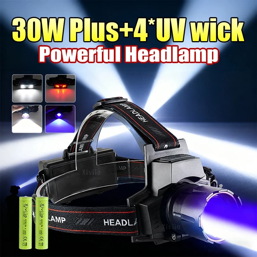 Powerful Headlamp Rechargeable Headlight 18650 High Power Head Flashlight UV Headlight Camping Hunting Head Lantern