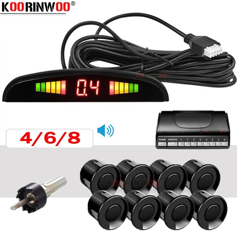 Koorinwoo Schermo LED Parktronic Sensore di parcheggio per auto 4/6/8 Radar Indicatore di avviso sonoro Sonde Assistenza al parcheggio Nero Argento