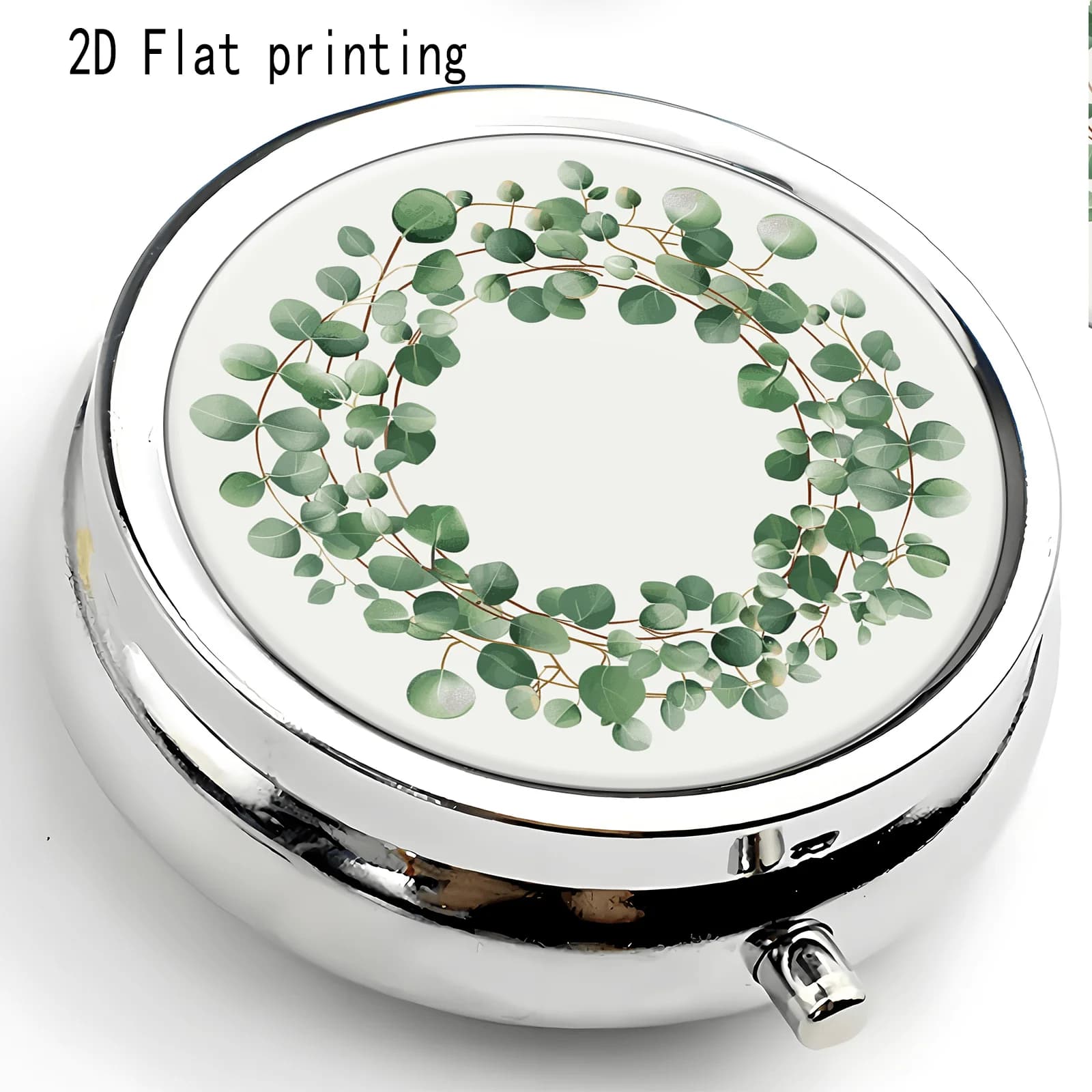 1pc, 2D Flat Print, Eucalyptus Leaf Wreath, Round Three-compartment Box, Portable Medicine Storage, Small Jewelry Storage, Suitable Pockets, Handbags, or Travel, a Refined Choice, 2D Flat metal match box