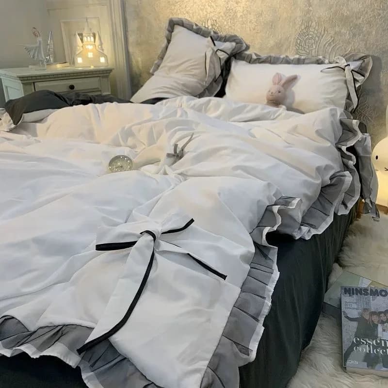 Copripiumino bianco grigio nordico Set di biancheria da letto per ragazza con fiocco principessa coreana Biancheria da letto semplice in tinta unita Decor Camera da letto