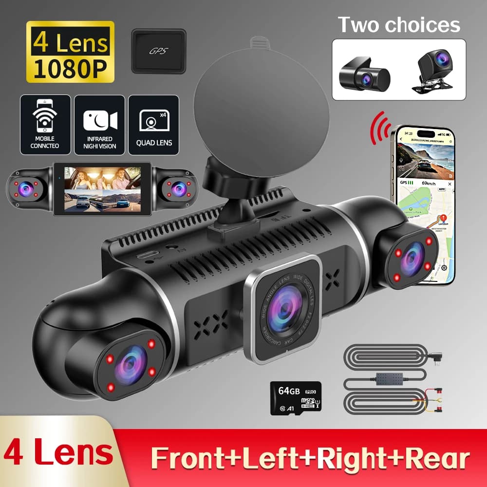 WiFi GPS Dash Camera per auto 24 ore Monitor di parcheggio FHD 1080P 4 canali Dash Cam Videoregistratore Visione notturna SMART Car DVR gratuito 64G