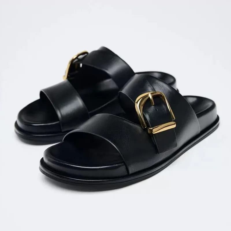 Brand flat sandals with black metal buckle Pu Women flat sandals with broadband open tip and thick bottom Beach sandals with soft sole and comfort