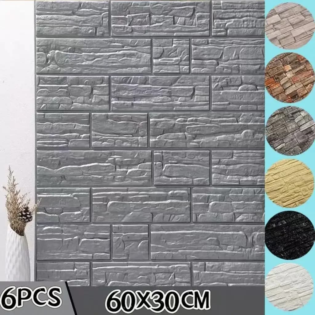 6 wall decal 3D foam stone effect, waterproof self-adhesive wallpaper for living and bathroom decoration, 60x30 cm