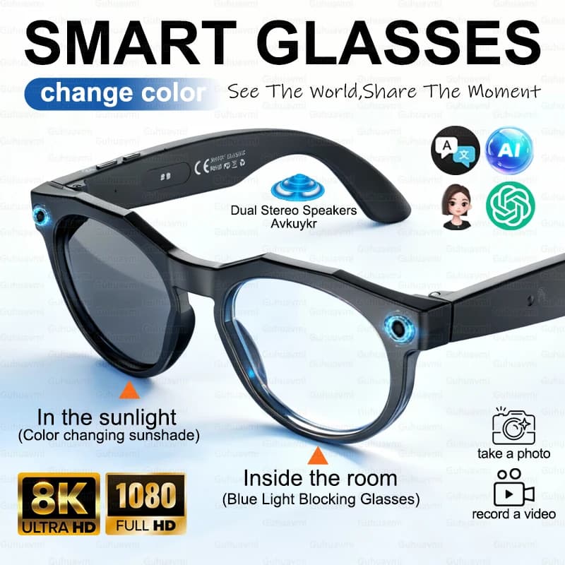 2026 Smart Glasses with Color Change, 800W HD Camera for Video Recording, AI Photo Recognition, Translation in Over 100 Languages, Musical Reproduction