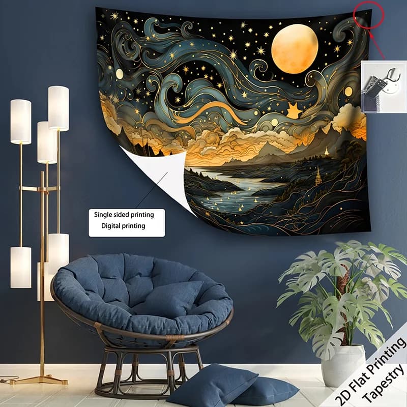 1PC Digital Printed Tapestry Wall Hanging, Van Gogh Style Starry Night Moon Clouds, Artistic Painting Wall Decor