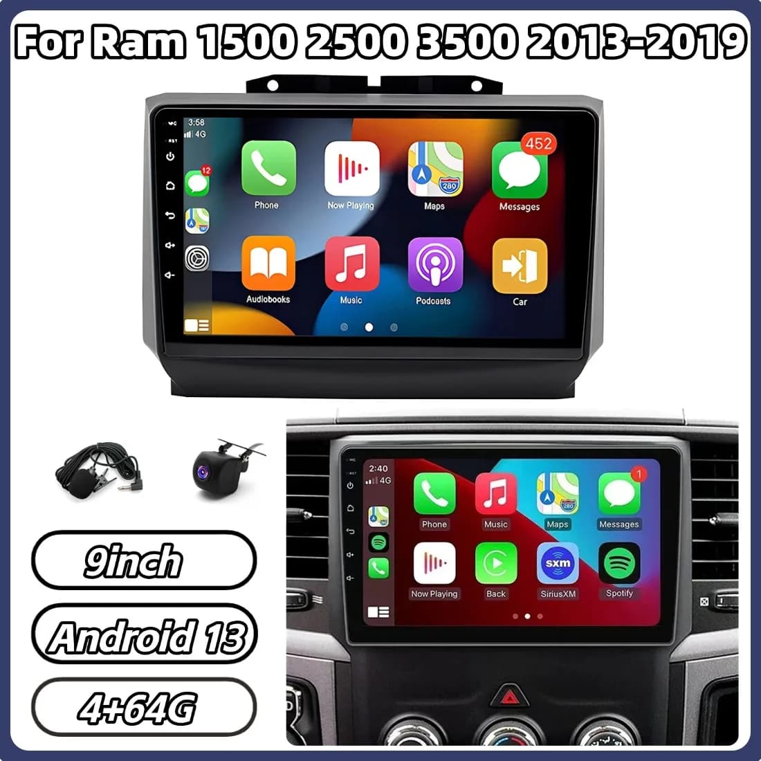 4+64G 9in Android 13 Car Stereo Radio GPS Navigation For Ram 1500 2500 3500 2013-2019 For Carplay Android Auto Bluetooth Wifi