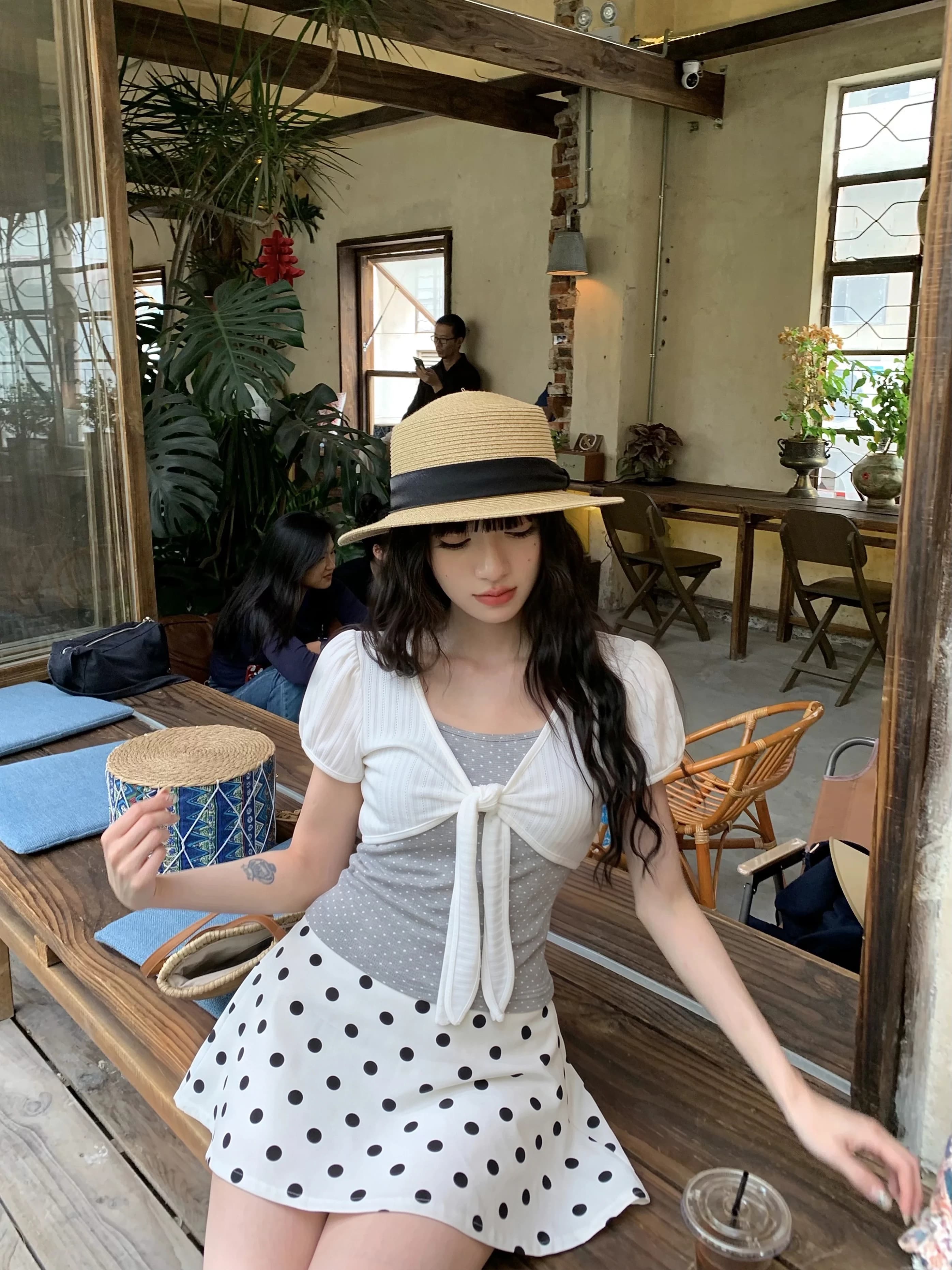 Chic Polka Dot Short Sleeve T-Shirt Women's Summer Slimming Belted Top Korean Style Commute Fashion Versatile Casual Cotton B...