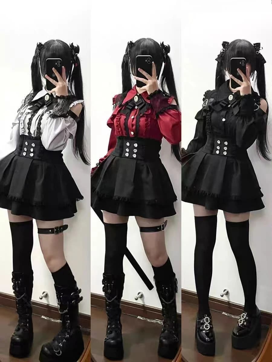 Set due pezzi Lolita in pizzo Kawaii, camicetta a maniche lunghe e gonna JSK arricciata sul retro con fiocco, moda dolce giapponese Y2K per donne e adolescenti