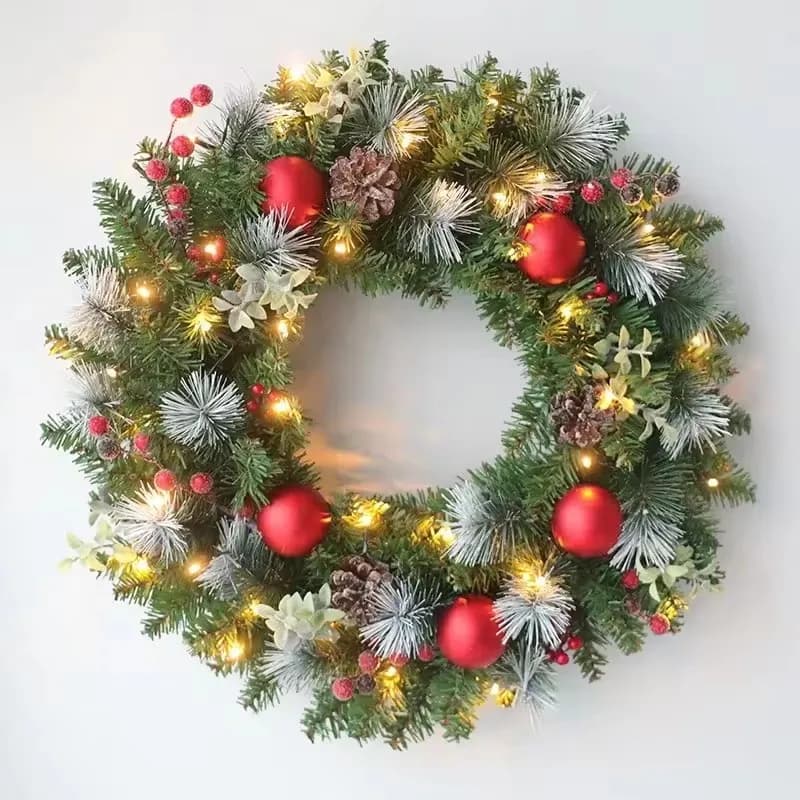 Ghirlanda di Natale da 20-40 cm con luce fata a LED Porta appesa Ghirlanda di pino per decorazioni domestiche Forniture per feste di Natale Felice anno nuovo