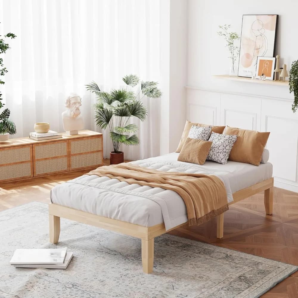 Giantex Telaio letto con piattaforma doppia in legno da 14 pollici, base per materasso in stile minimalista con legno massello di gomma, supporto a doghe per carichi pesanti