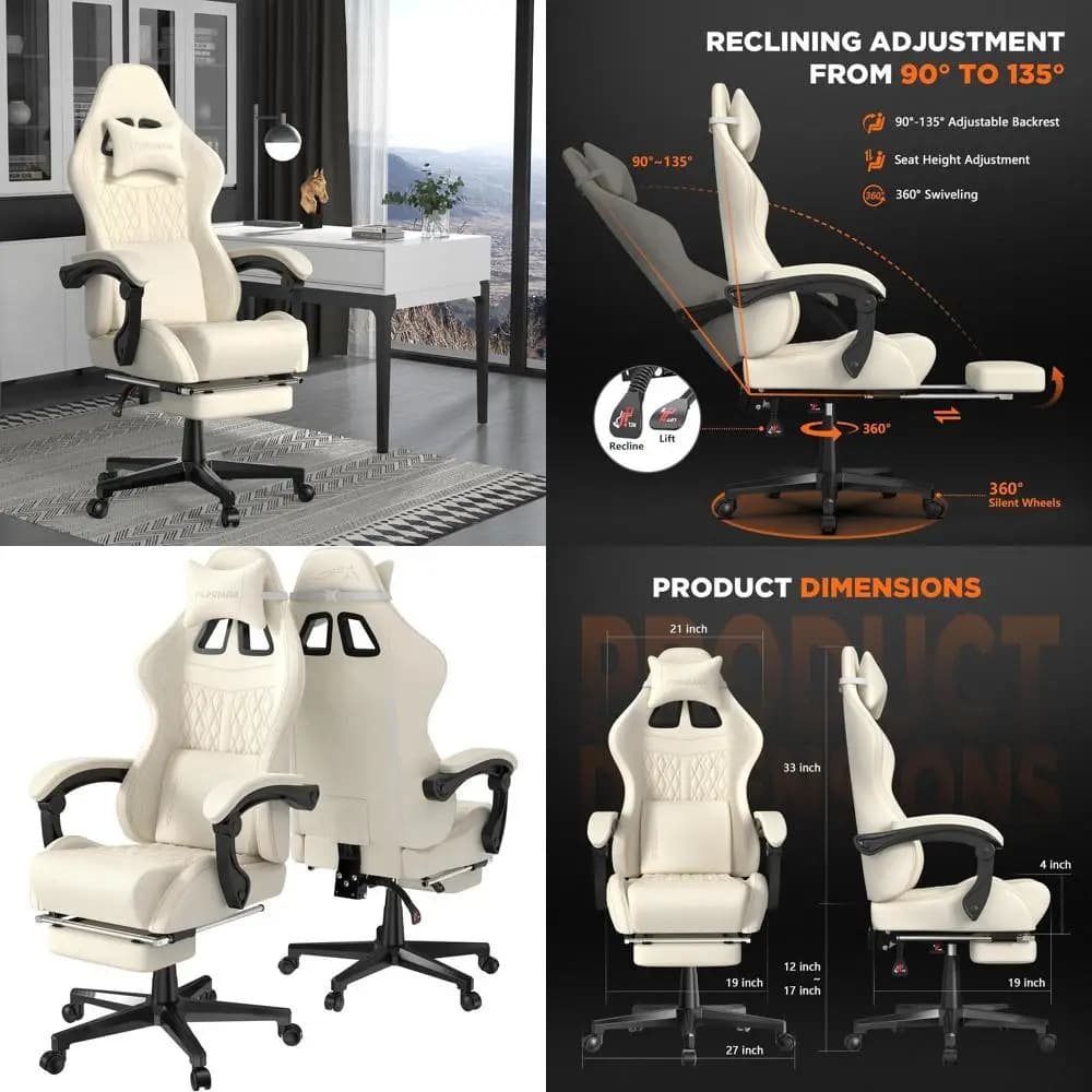 Sedia da Gaming Ergonomica con Schienale Alto, Massaggio e Poggiapiedi - Seduta Reclinabile Beige per Uso Confortevole in Ufficio