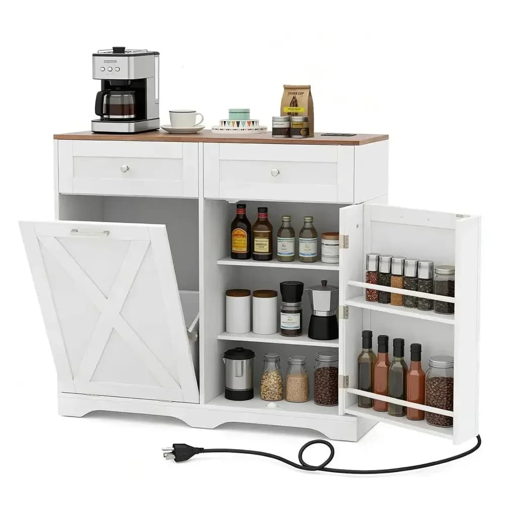 Kitchen Sideboard with Built-in Trash Can, Charging Station, Drawers, and Adjustable Shelves