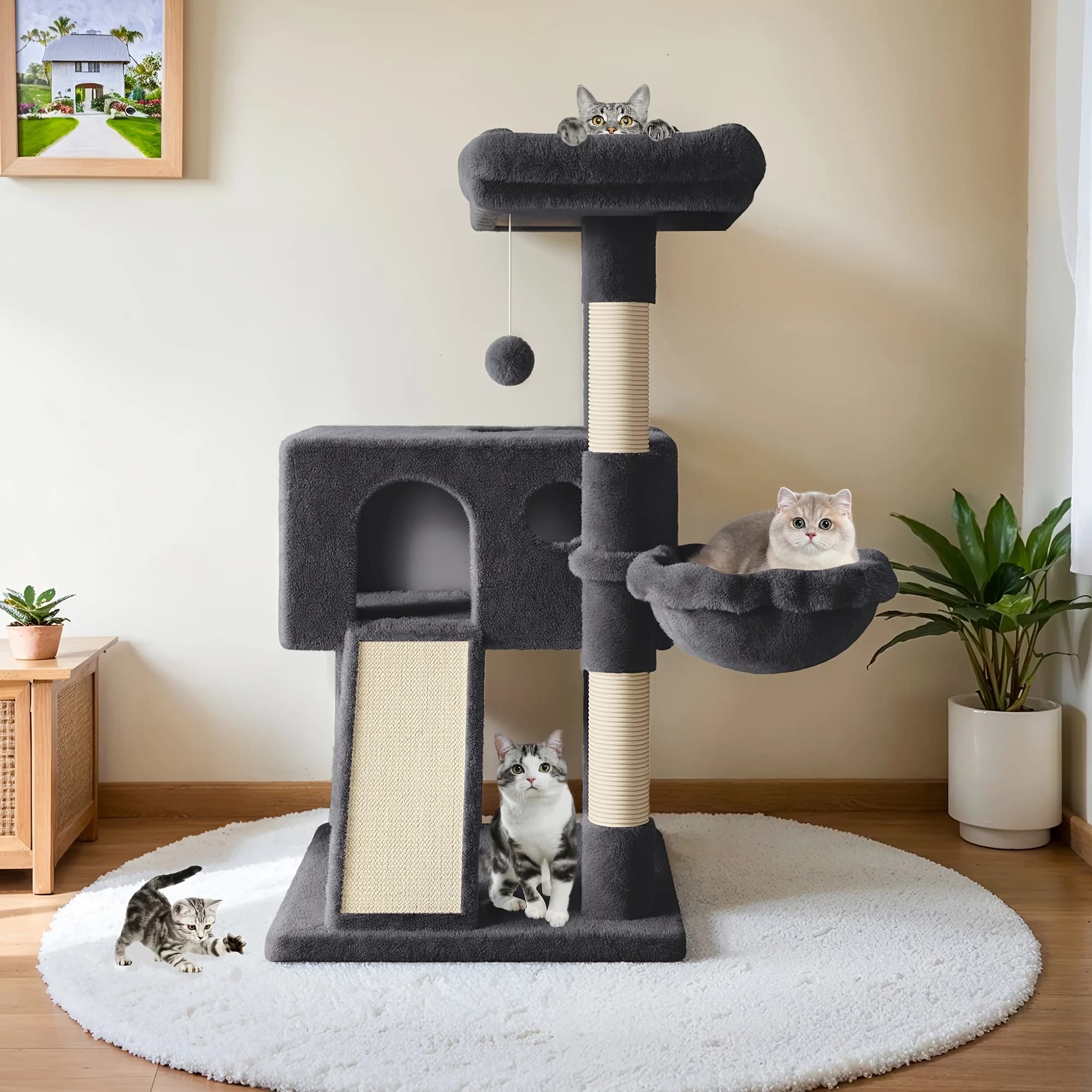 HOOMIC Albero per gatti da interno da 90 cm, Cuccia multi-livello con posti di grattamento in sisal e tavola, Amaca accogliente, Posatoio imbottito in peluche per gattini, Grigio scuro, Grigio, Beige