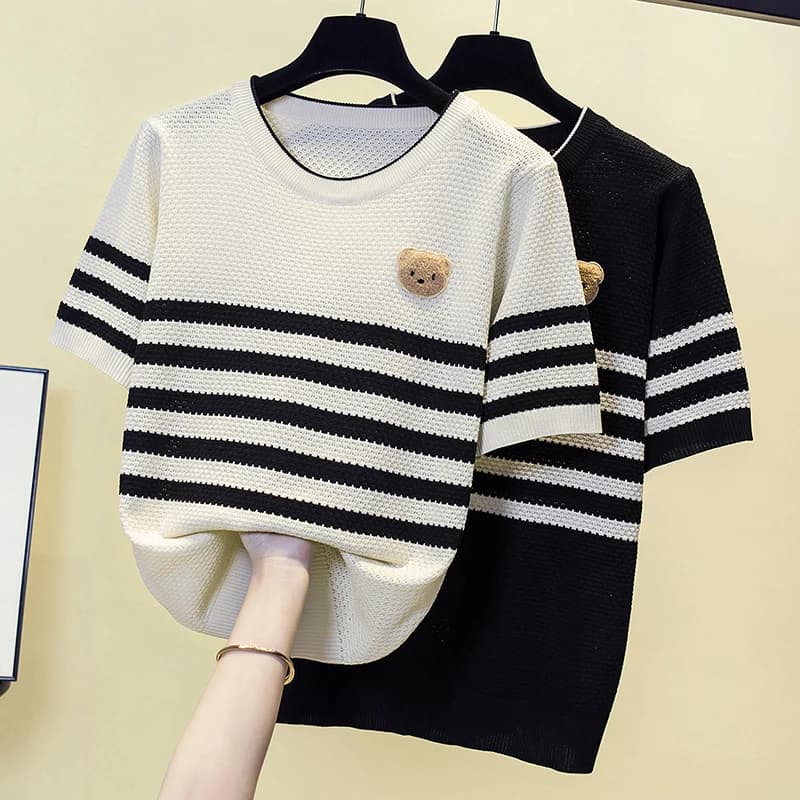 Summer Stylish Knit Sweater Women Short Sleeve O-neck Pullover Tops Striped Embroidered Fashion Chic Ladies Jumpers Tees