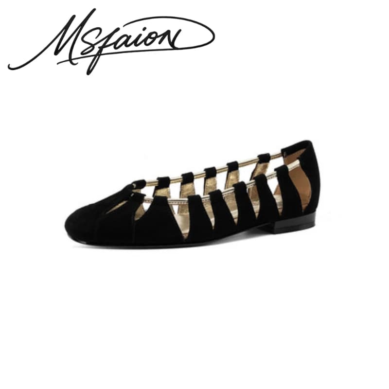 2026 Autumn Women Cutout Caged Flat Shoes Round Toe Slip On Roman Sandals Top Grain Cow Leather Sheep Suede 1.5cm Low Heel G611