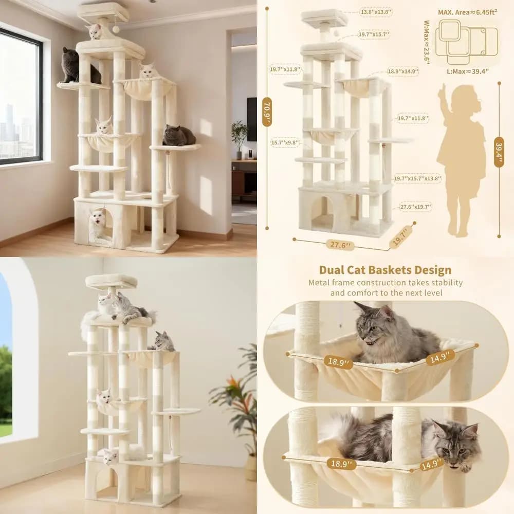71 Torre alta per gatti Maine Coon con base grande, posatoi multilivello, 2 amache e 12 tiragraffi, Beige