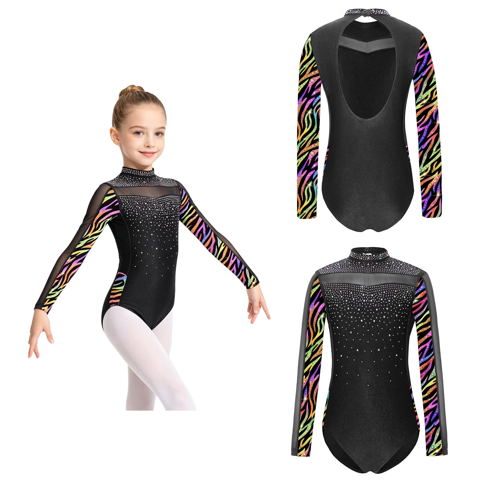 Body da Ginnastica Artistica per Ragazze, Design con Strass Scintillanti e Patchwork, Maniche Lunghe e Schiena Scoperta