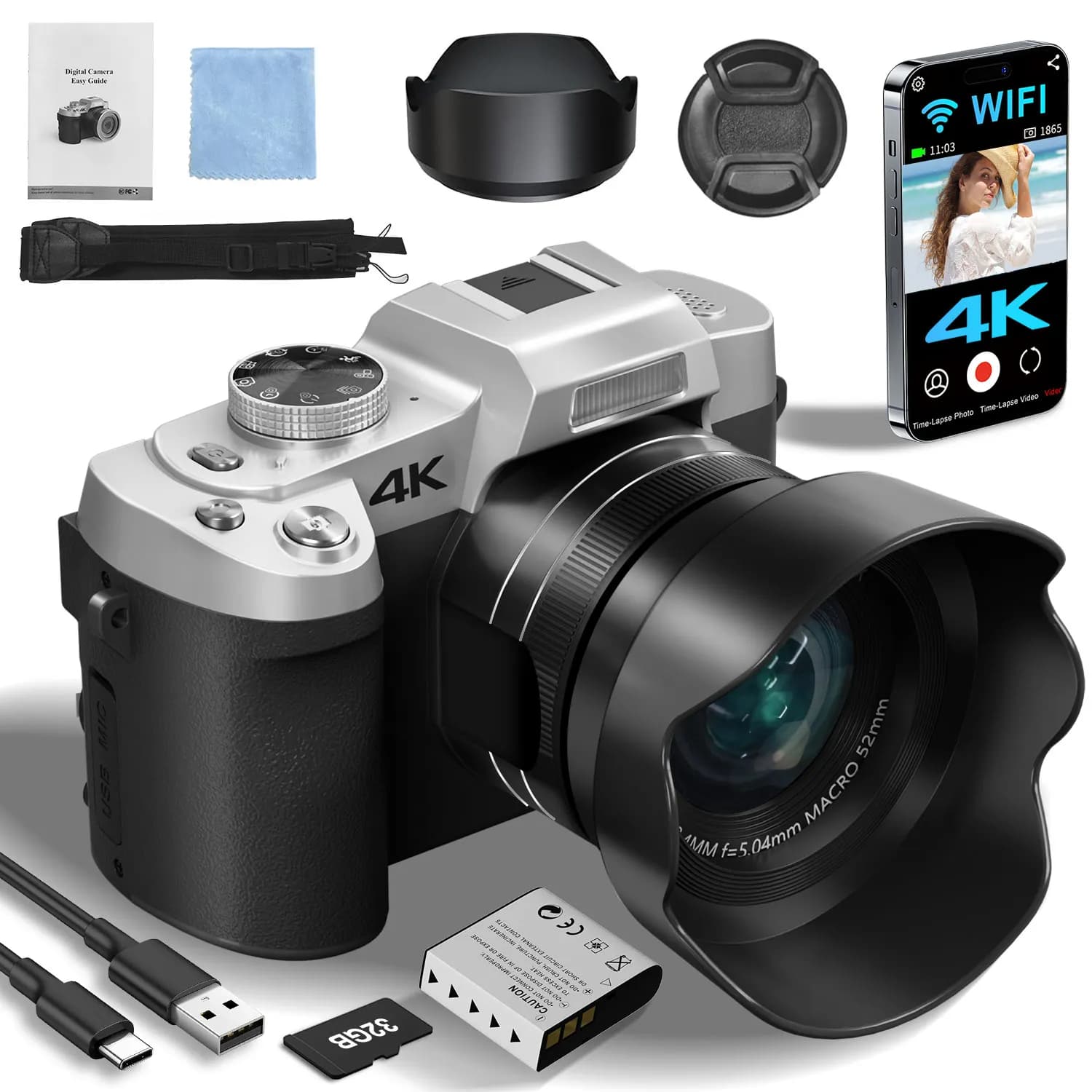 Fotocamera digitale da 75 MP per fotografia e video, VloggingCamera 4K con touch screen da 3 pollici e zoom digitale 18X, messa a fuoco automatica compatta