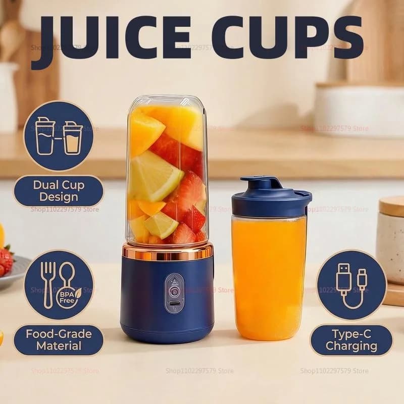 Frullatore Elettrico Portatile per Frutta a 2 Tazze, Mixer per Succhi Senza Fili, Ricarica USB, 6 Lame, con Tazza, Spremiagrumi Portatile