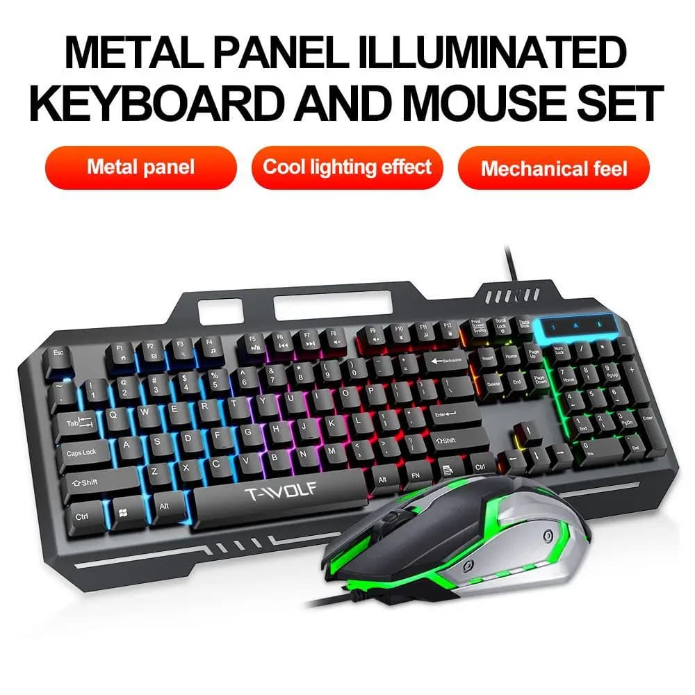 T WOLF TF600 Backlit Wired 104-Key Gaming Keyboard with Wired Mouse for Gaming Working
