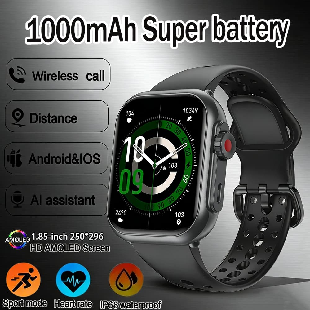 AI Smartwatch with 1.85 inch voice control for men and women, 1000mAh, IP68, Bluetooth calls, blood pressure monitoring and sleep, over 100 exercises.