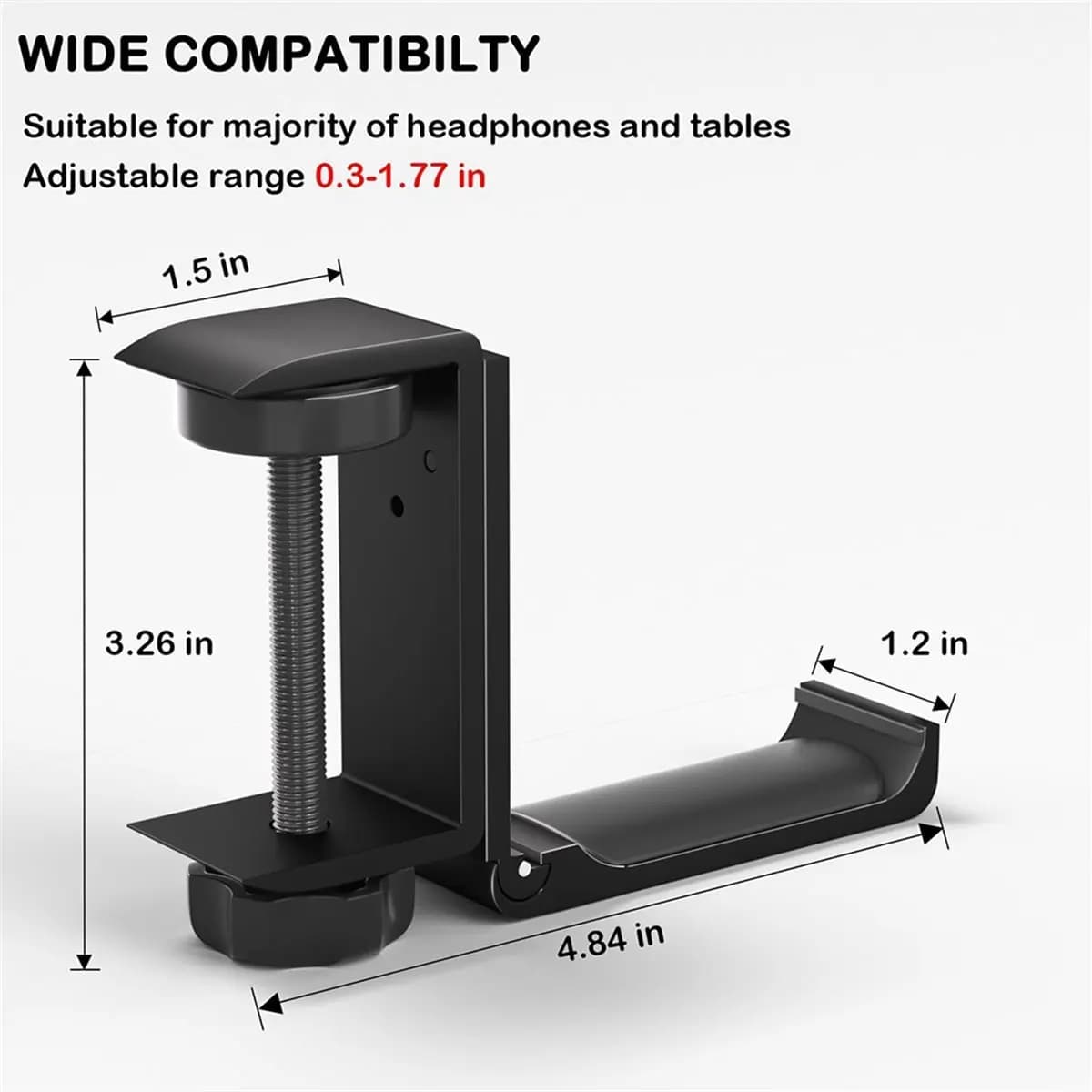 Foldable desk (LBER) headphone stand, aluminium gaming headphone hook with non-slip silicone clamp and pad, black