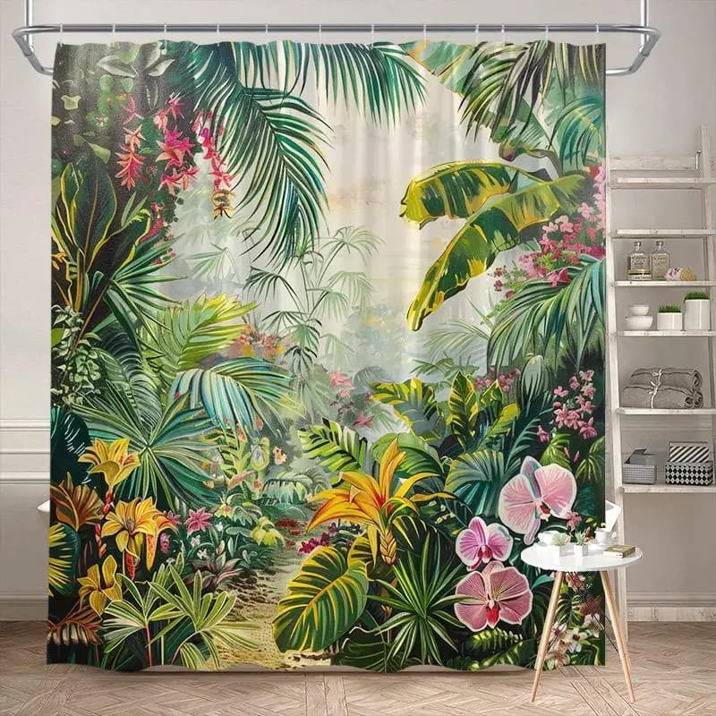 Luxurious Tropical Jungle Rainforest Shower Curtain Waterproof Botanical Orchid Leaf Bath Decor Printed Polyester Bathroom Curta