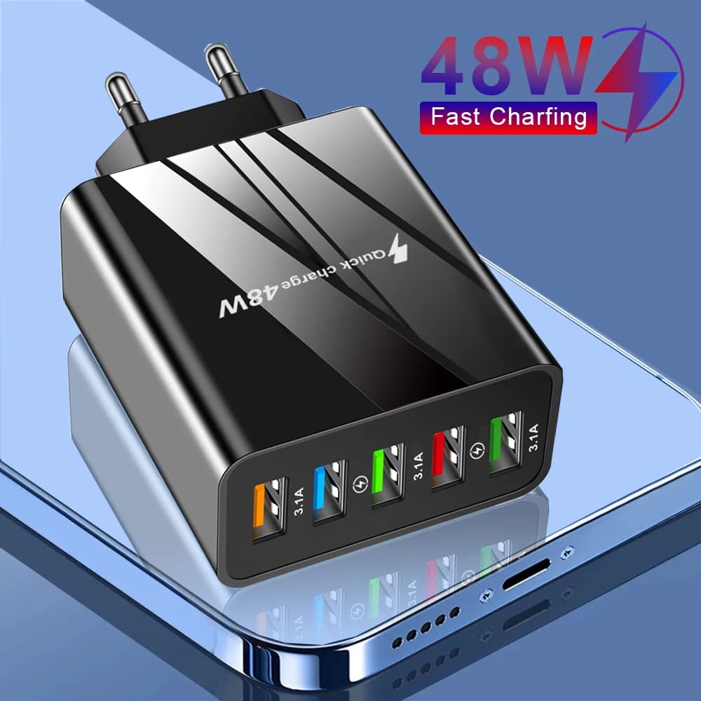 USB Charger 48 W Wall Charger Adapter QC 3.0 Quick Charging Adapter for iPhone 14 13 Samsung Xiaomi Mobile Phone Charger 5 Doors EU Plug USA