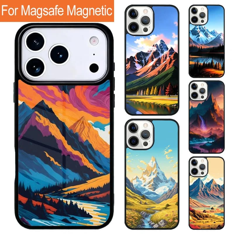 Custodia Magnetica Wireless Nature Mountain Peaks per iPhone 17 Pro 16 15 13 12 11 Pro Max Air 14 Plus con Cover Magsafe