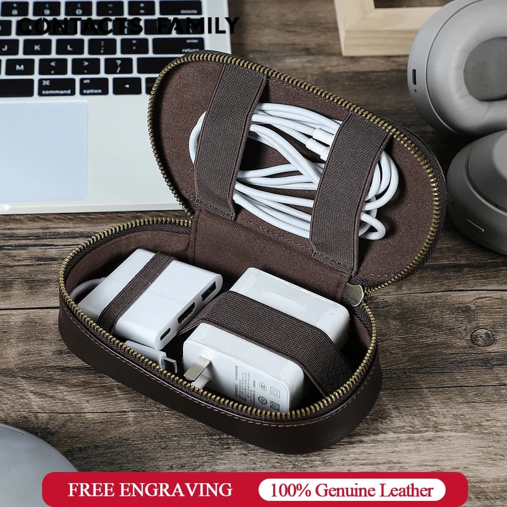 Borsa Portatile Mini per Gadget Digitali in Vera Pelle, Custodia per Auricolari e Caricabatterie, Organizzatore per Cavi Dati e Chiavette USB