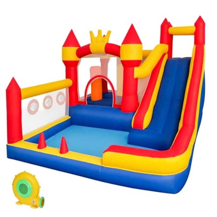 8-in-1 Inflatable Castle with Slide, Climbing Wall, Ball Pool, Obstacles, Trampoline, Basketball Basket, for Interior and Exterior