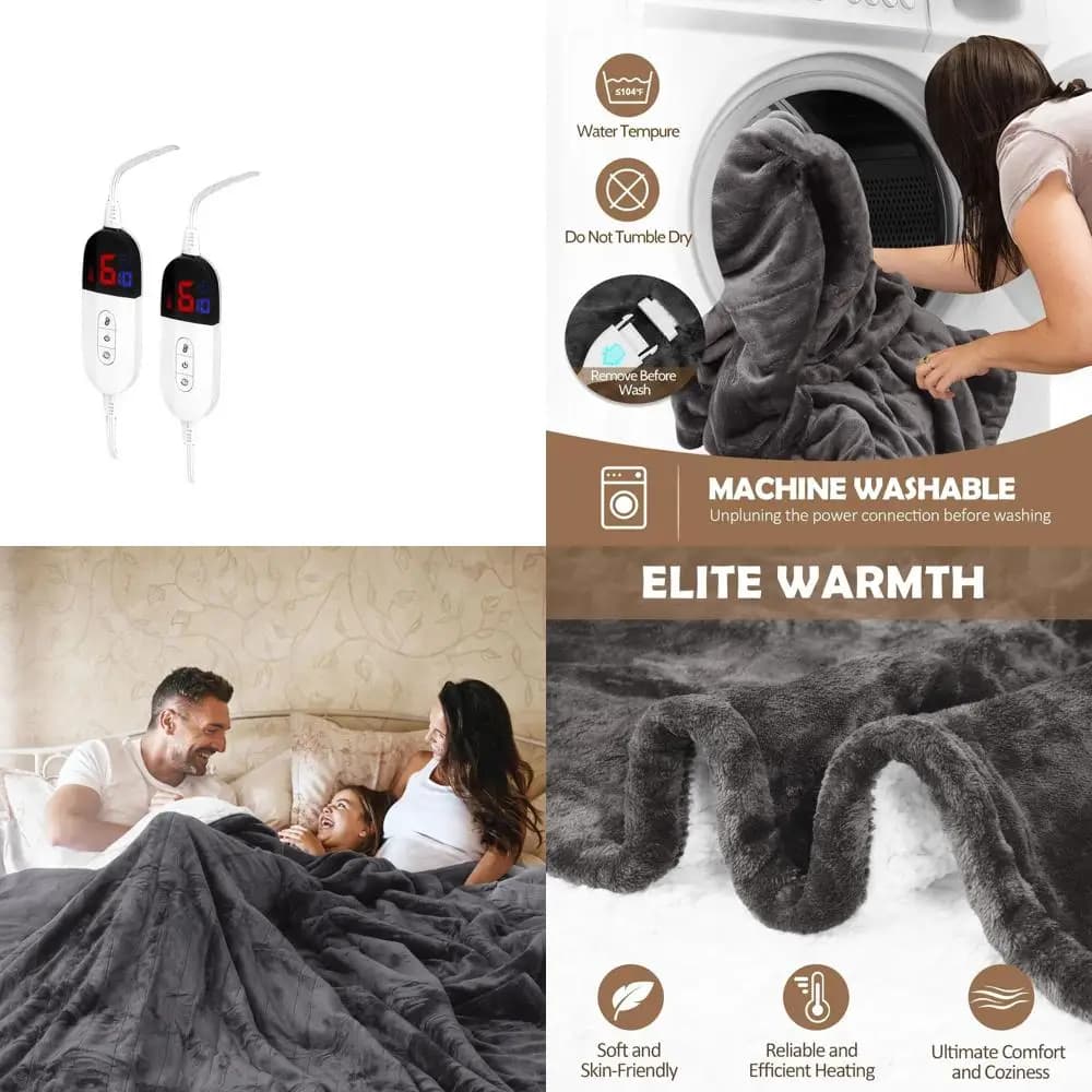 Coperta elettrica King Size 90 x 100 con doppi controlli, 10 impostazioni di tempo, 6 livelli di calore, protezione da surriscaldamento, Sherpa in flanella, ET