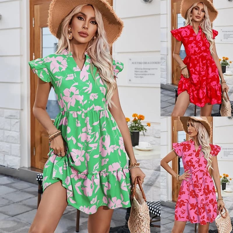Abito midi da donna primaverile 2024, nuovo stile, scollo a V, stampato, con maniche in pizzo, stile dolce, moda transfrontaliera.