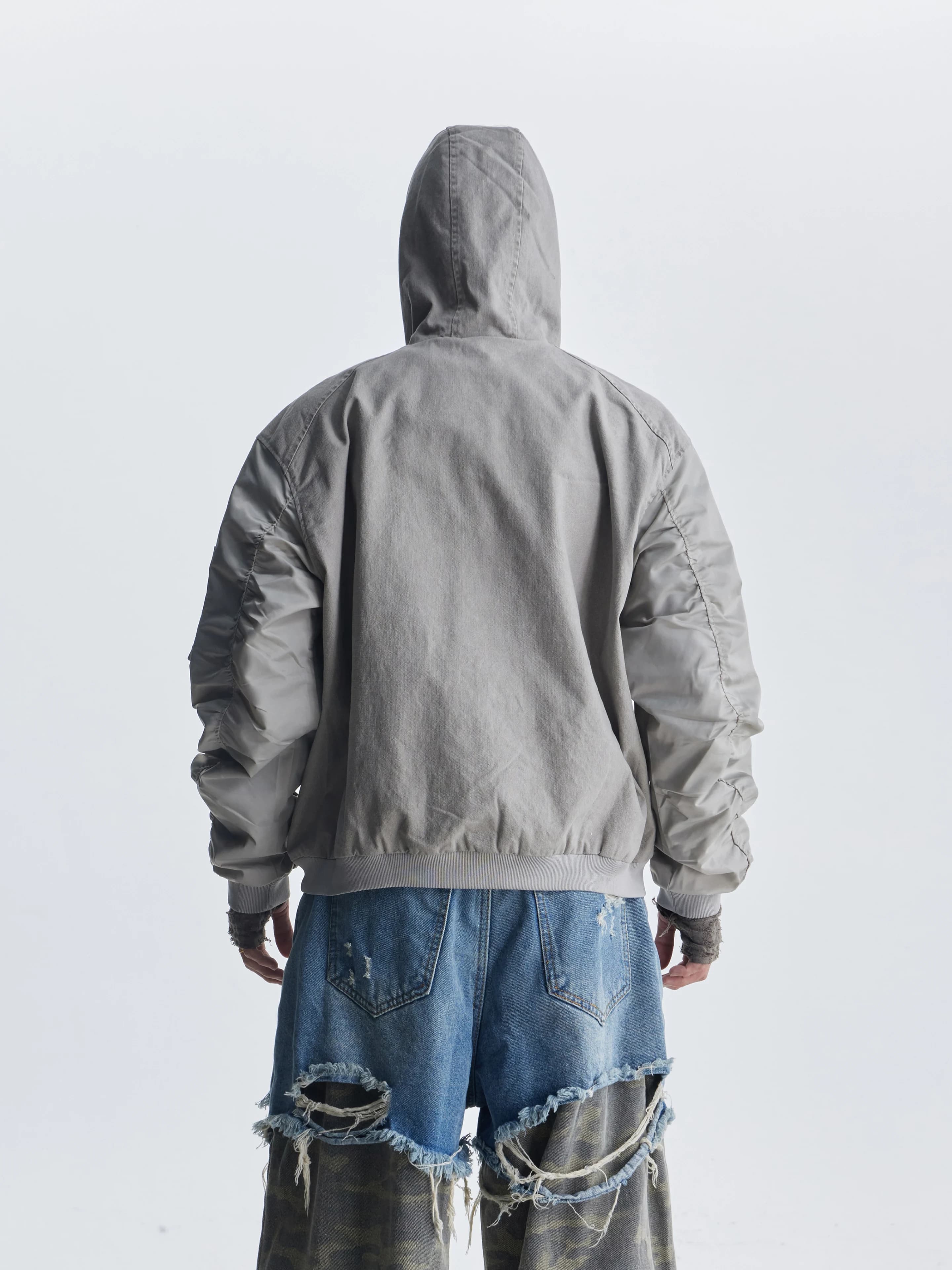 Sleeve Stitching Hooded Zipper Coat Jacket Loose Flight Suit Men and Women All-Matching