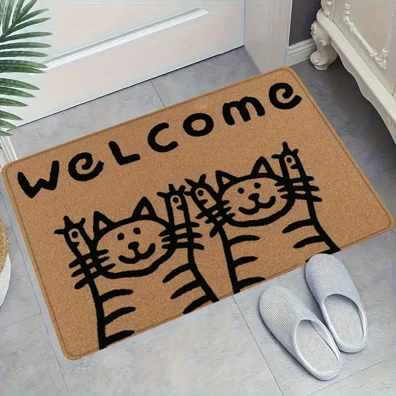 Cute Cat Welcome Doormat Hand Drawn Cat Design Floor Mat Natural Cork Style Entry Rug for Home Porch Foyer Patio