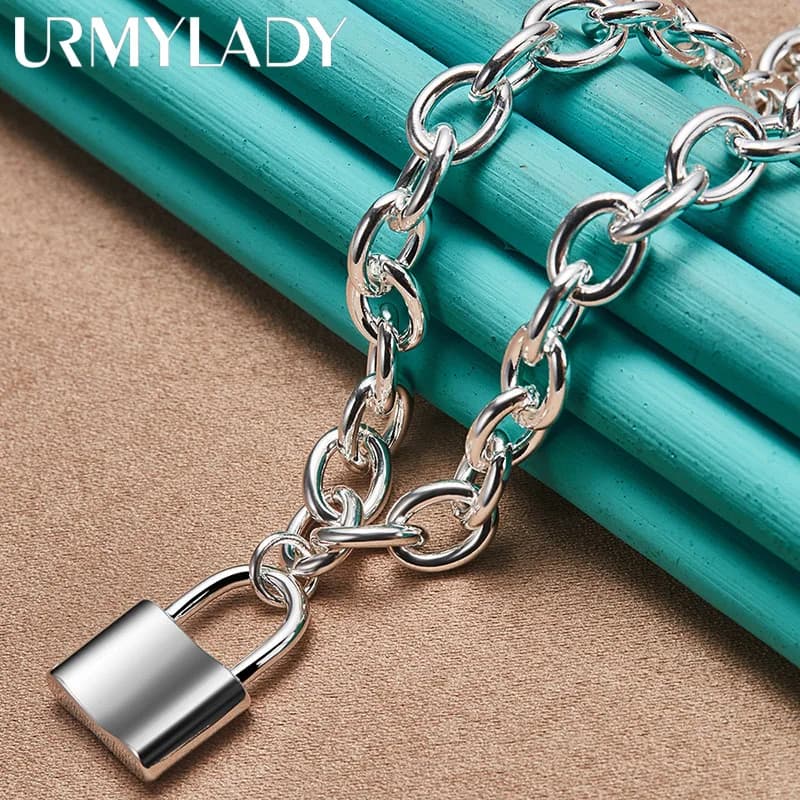 URMYLADY Collana con ciondolo da 18 pollici con lucchetto in argento sterling 925 per gioielli di moda per feste di nozze da donna