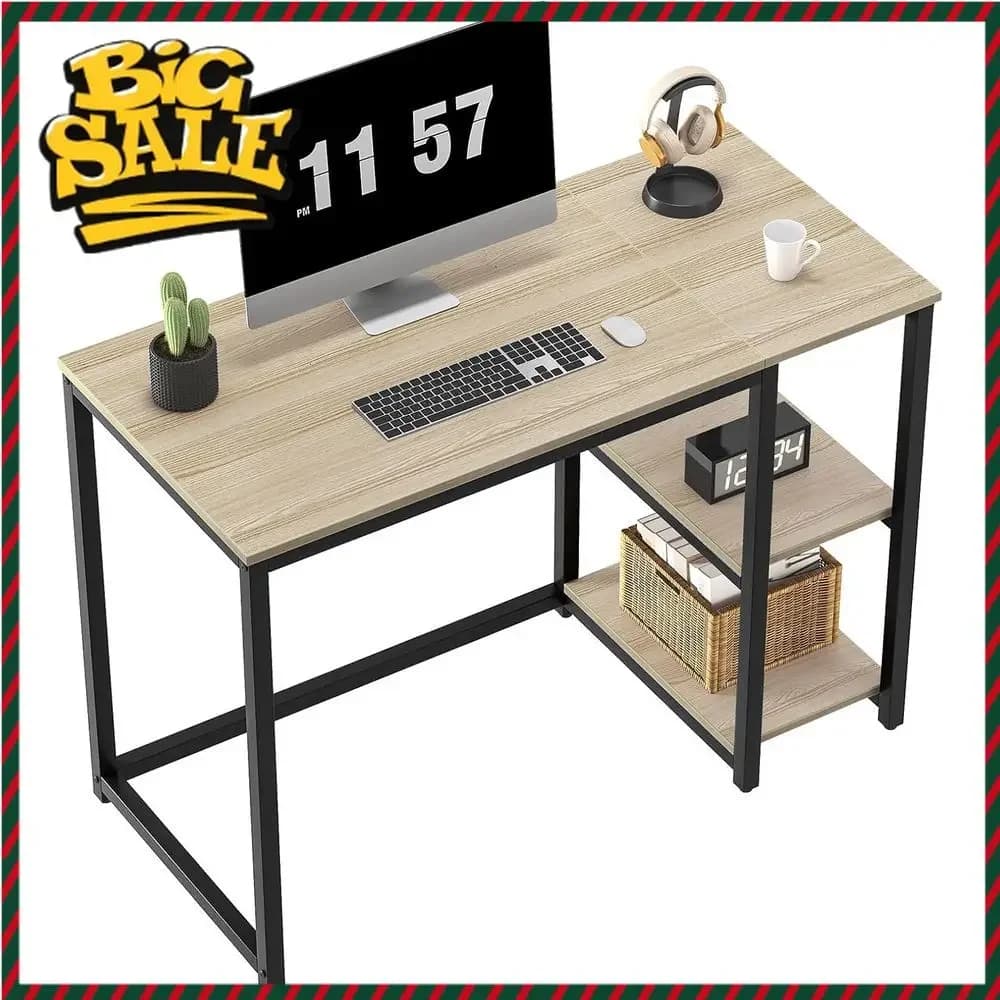 Scrivania da studio in rovere da 40 pollici con ripiani portaoggetti, tavolo per laptop in legno chiaro resistente per gaming e scrittura, beige. Offerta a tempo limitato.